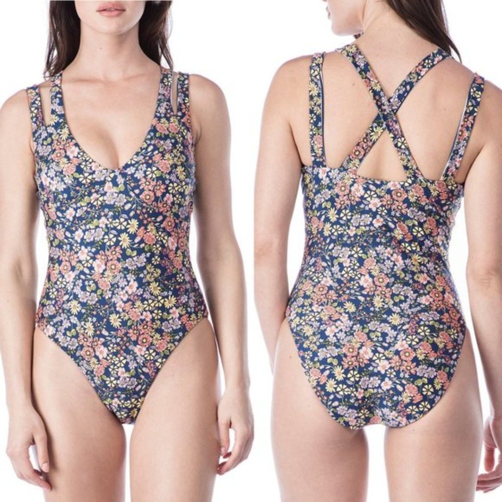 Kenneth Cole reversible one-piece bathing swim suit floral stripes unique M